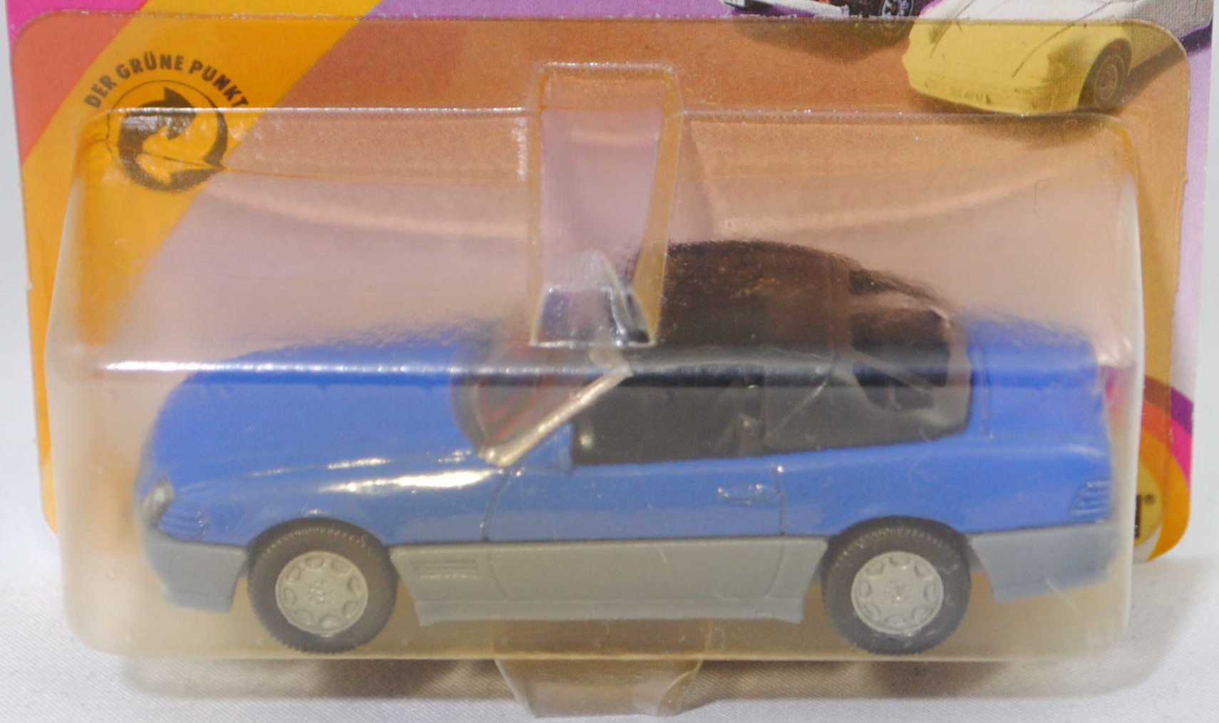 00001 Mercedes-Benz 500 SL mit Verdeck (Hardtop) (R 129, Modell 1989-1992), hell-enzianblau/fehgrau, Scheibe seitlich unlackiert, Heckklappe ohne Stern, Germ, B7, SIKU, 1:55, P23 vergilbt