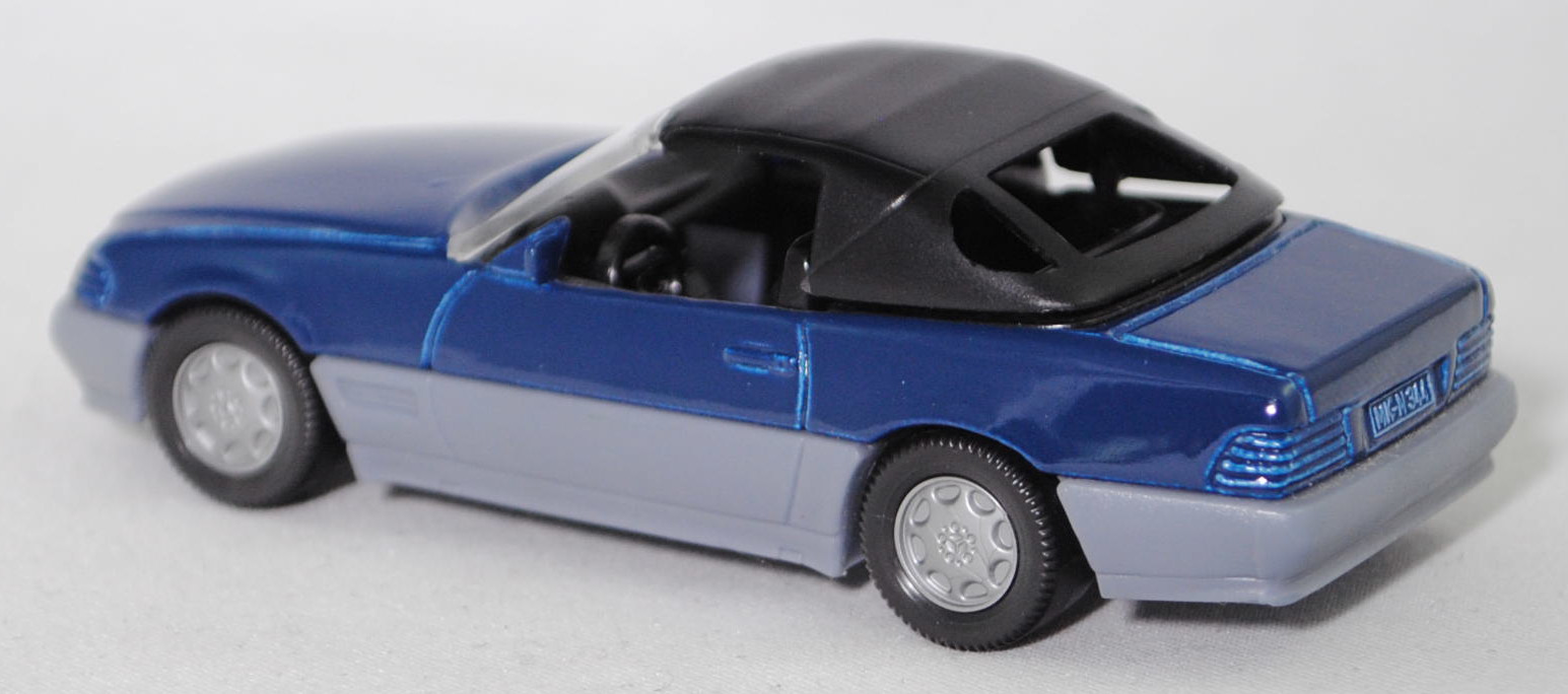 00002 Mercedes-Benz 500 SL mit Verdeck (Hardtop) (R 129, Modell 1989-1992), saphirblau/fehgrau, Scheibe seitlich unlackiert, Heckklappe ohne Stern, Germ, B7, SIKU, 1:55, m