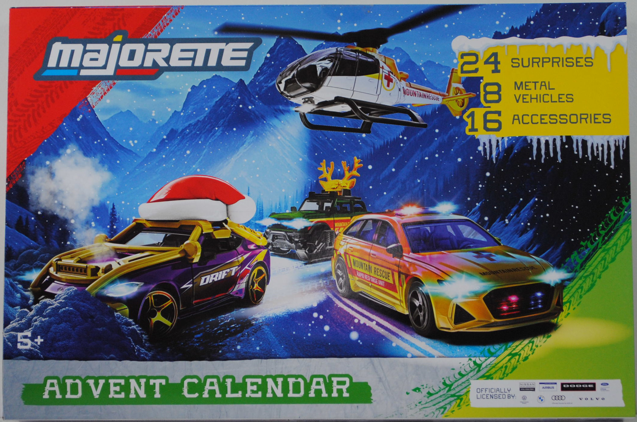 Adventskalender: Airbus + Audi + BMW + Dodge + Ford + Nissan + Volvo + VW, Beilage: 16 diverse Teile als Bodykit und Tuning-Zubehör, majorette, mb (Advent Calendar)