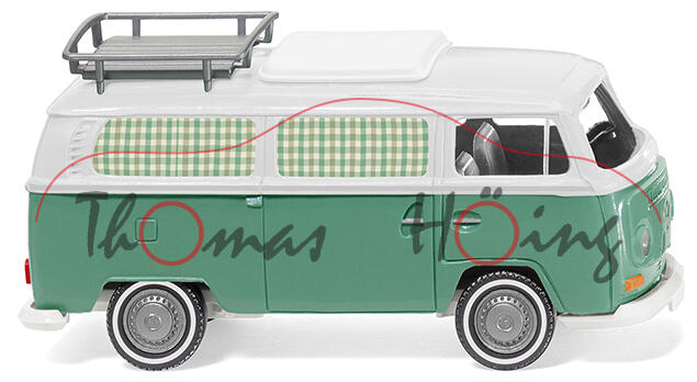 VW Transporter T2a Campingbus mit Dachgepäckträger (Typ 2 T2, Mod. 67-71), weiß/grün, Wiking, 1:87