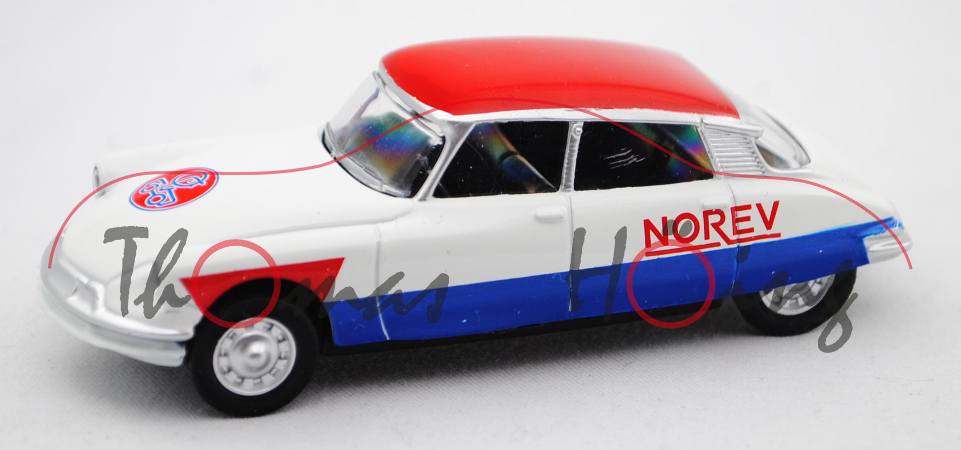 Citroen DS 19 (Mod. 55-62) Cycliste, weiß/rot/blau, Dach rot, NOREV, 1:58, Norev SERIE 600 CYCLISTE