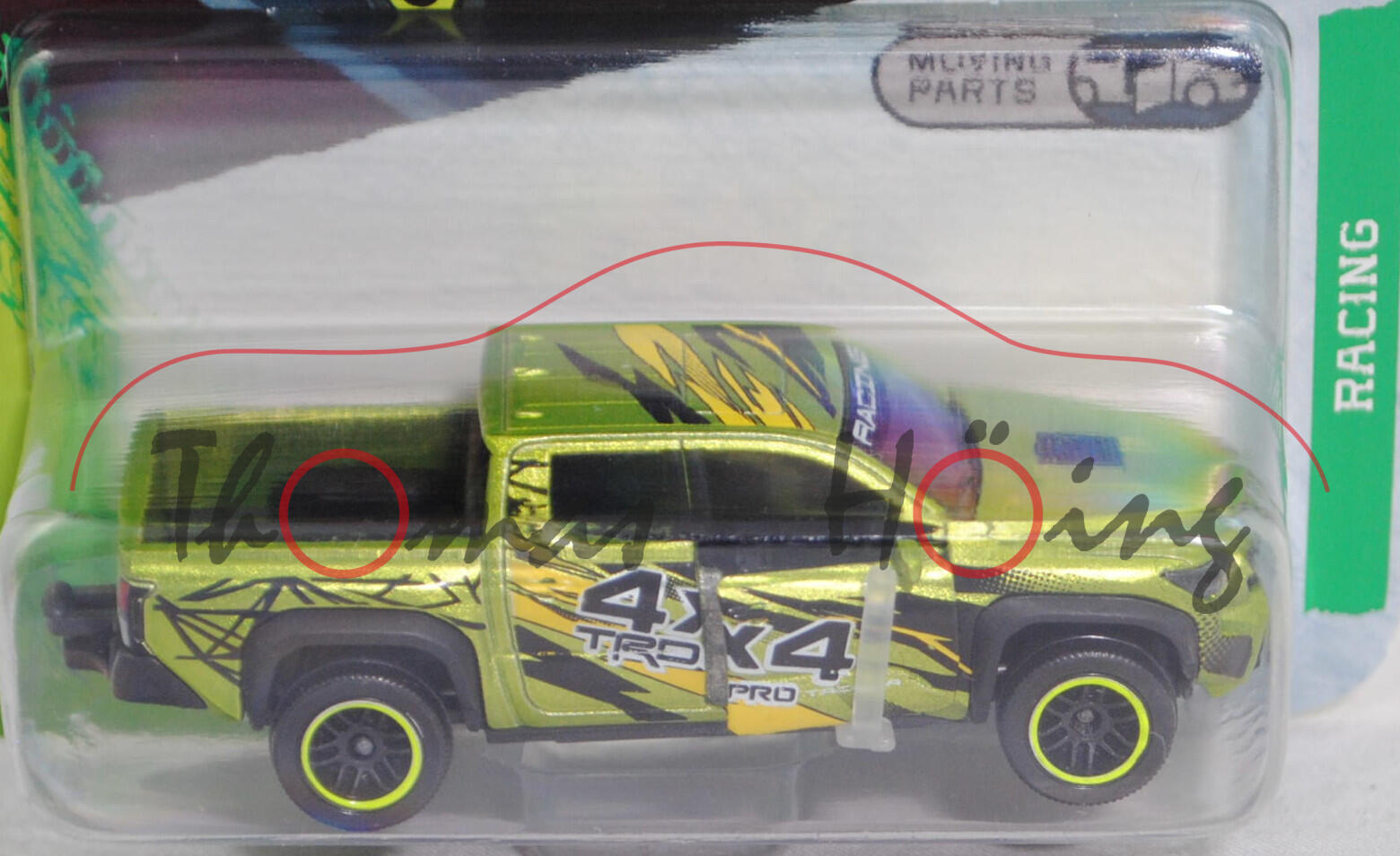 Toyota Tacoma TRD Pro (4. Generation, N400, Modell 2024-) (Nr. 276B), hell-gelbgrünmetallic. Druck 4x4 / TRO PRO / TACOMA, majorette, 1:69, Blister