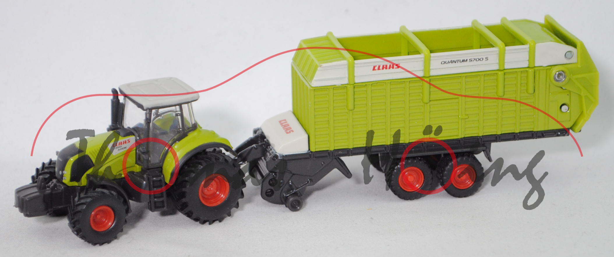 00001 CLAAS AXION 850 mit CLAAS Ladewagen, claasgrün, Druck CLAAS in rot/schwarz, 1:87, L17mK