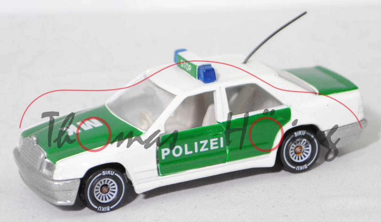 00010 Mercedes-Benz 300 E (W 124, Modell 1985-1986) Peterwagen, cremeweiß, POLIZEI / MK, Mittelkonsole strukturiert, Chassis silber, Hong, B4, SIKU, 1:55