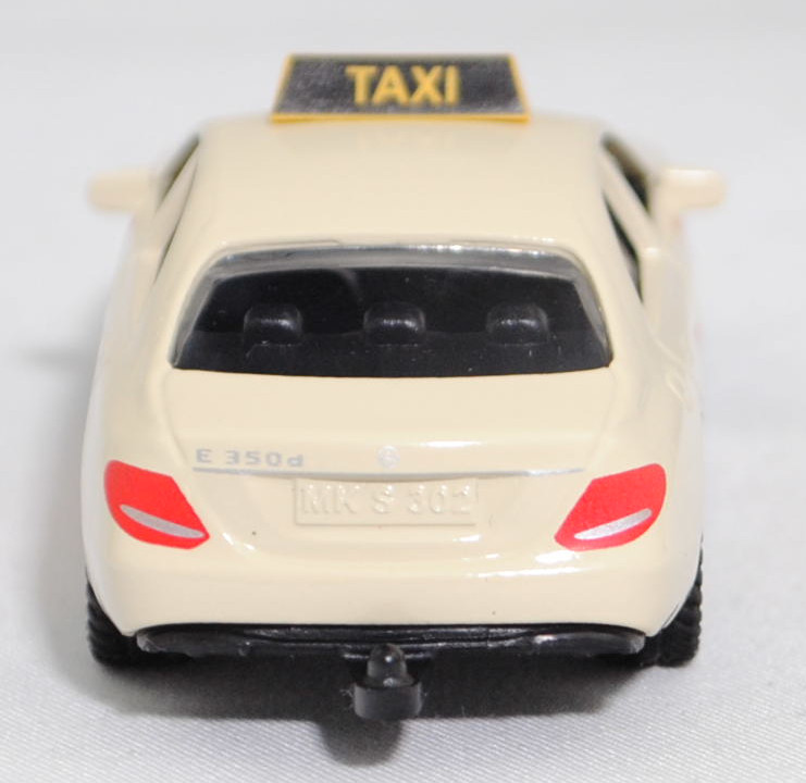 00001 Mercedes-Benz E 350 d (Baureihe W 213, Modell 2016-2017) Taxi, hellelfenbein, HEY TAXI! / 33 44 55, Nummernschild MK S 302, B47 silbergrau, SIKU SUPER, 1:61, P29f