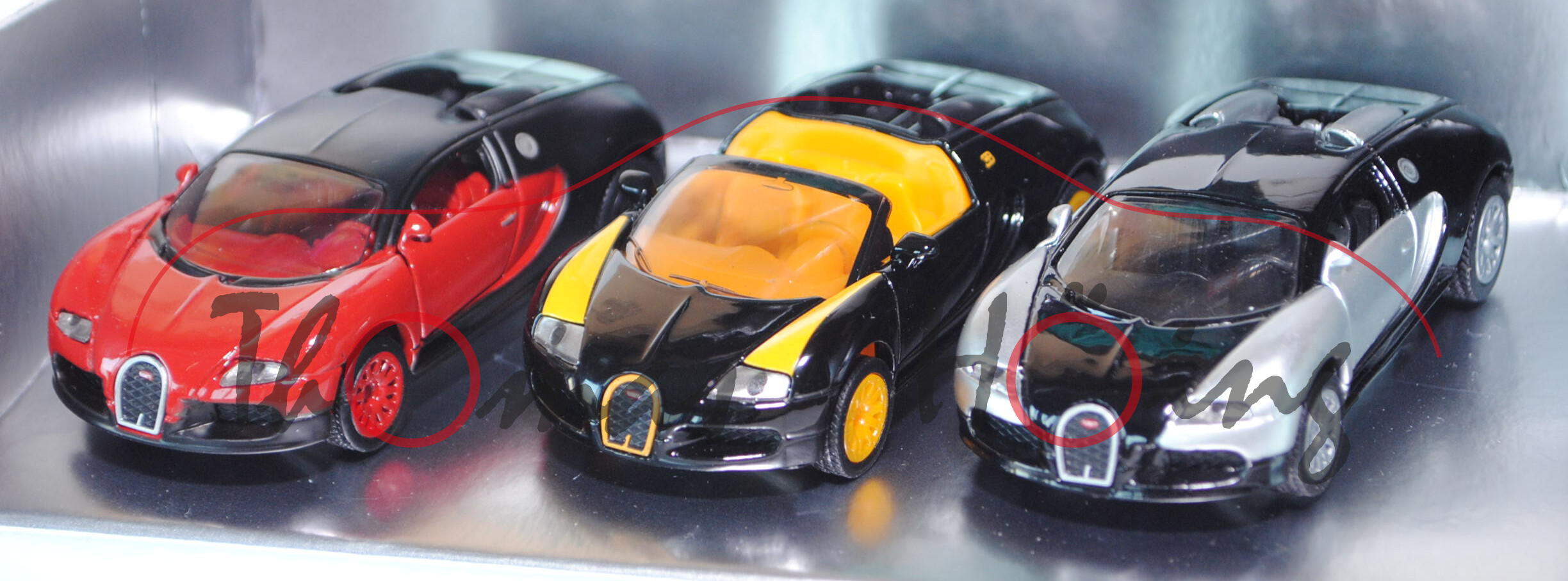 00703 Bugatti-Set 4 bestehend aus: Bugatti EB 16.4 Veyron, Modell 2005-2012 (vgl. 1305), karminrot/m