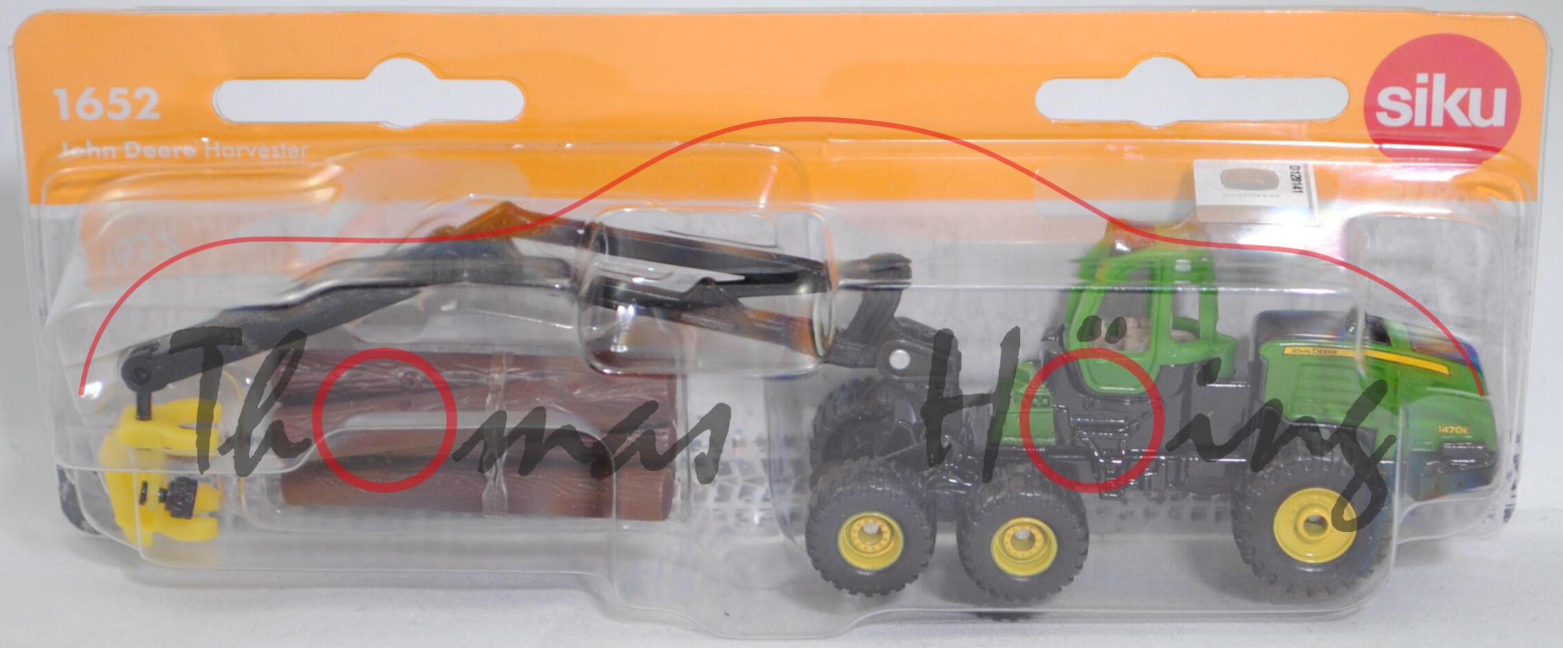 00002 John Deere 6-Rad-Harvester 1470E (Modell 2009-2013), hell-smaradgrün/schwarz, mit Druck Chargennummer, Zubehör: 6 Baumstämme, SIKU SUPER, 1:87, P29f