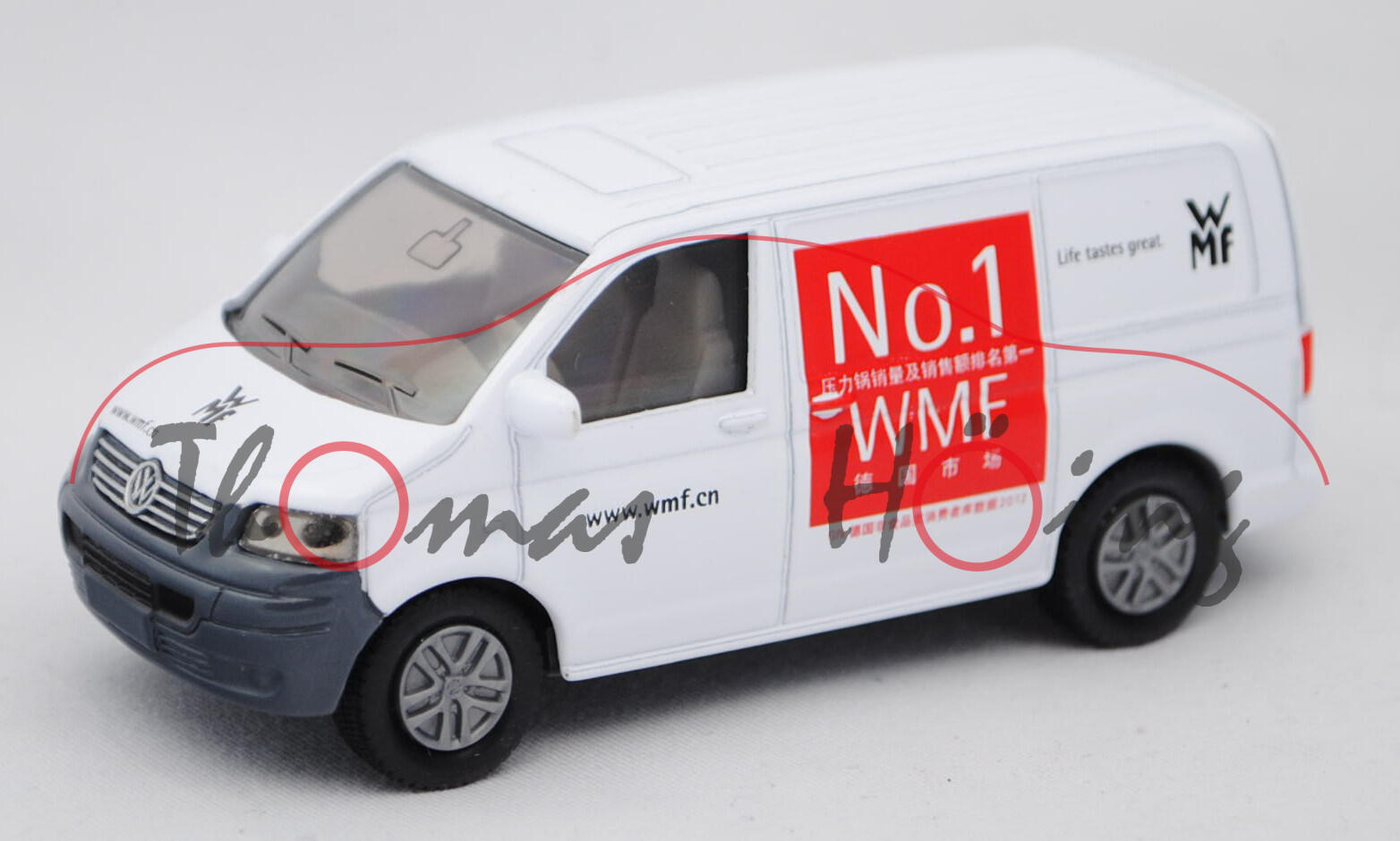 00430 VW T5 Transporter, Modell 2003-2009, reinweiß, Druck WMF / www.wmf.cn auf Motorhaube, Druck No