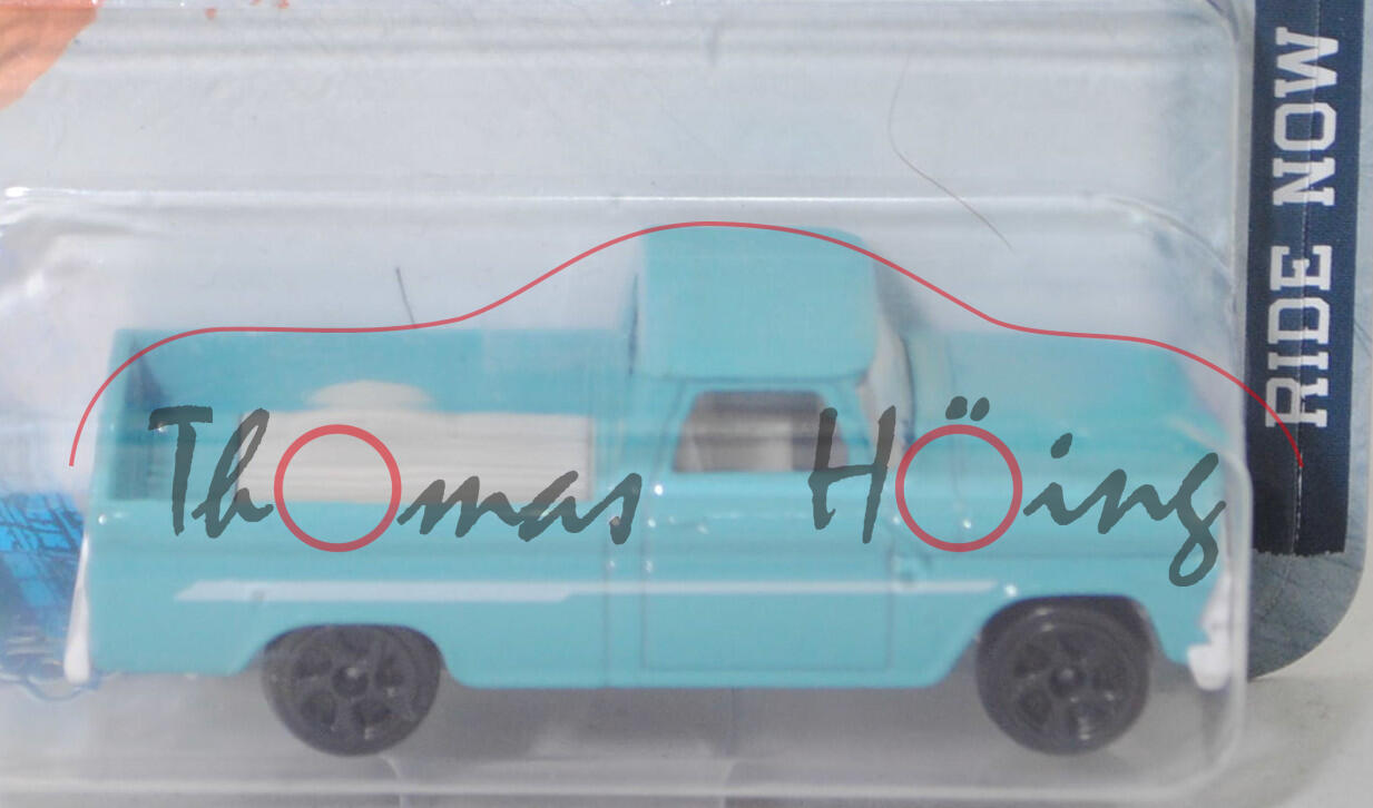 Chevrolet C10 Fleetside (Modell C1434, Modell 1964-1965) (Nr. 217F), hell-türkisblau, Streifen in weiß auf den Seiten, majorette, 1:67, Blister (STREET CARS RIDE NOW)