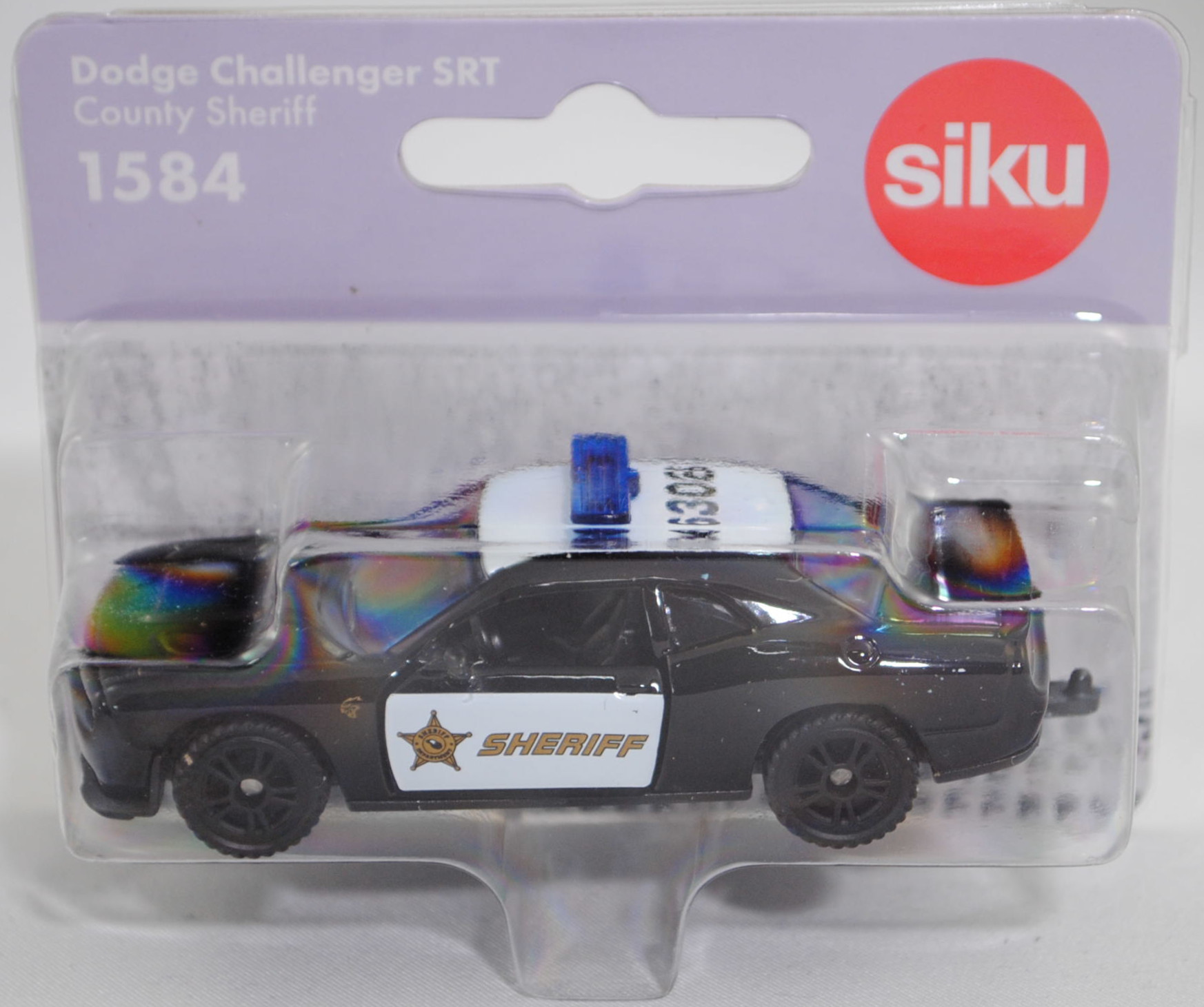 00000 Dodge Challenger SRT Hellcat (3. Generation, Facelift 2014, Modell 2014-2018) County Sheriff, schwarz, Sheriff-Stern und SHERIFF, SIKU SUPER, 1:63, P29f