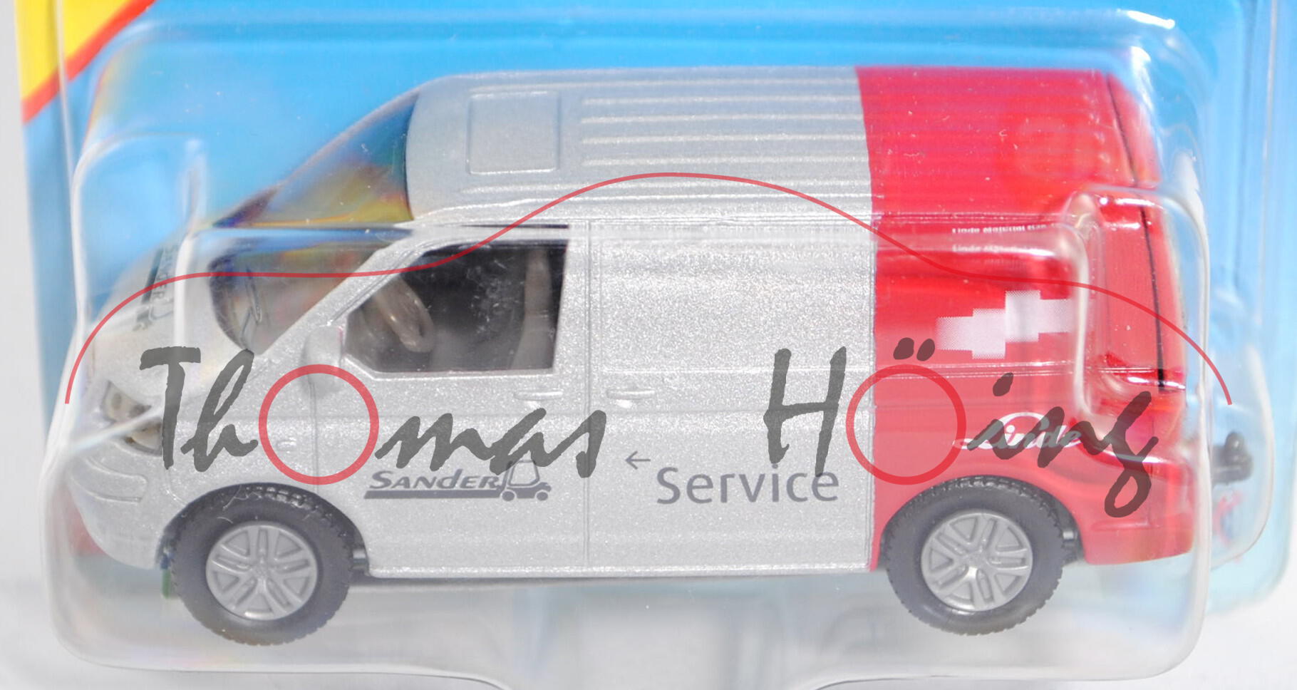 00427 VW T5 Transporter (Typ 7H, Modell 2003-2009), silbergraumetallic/hell-signalrot, SANDER Servic