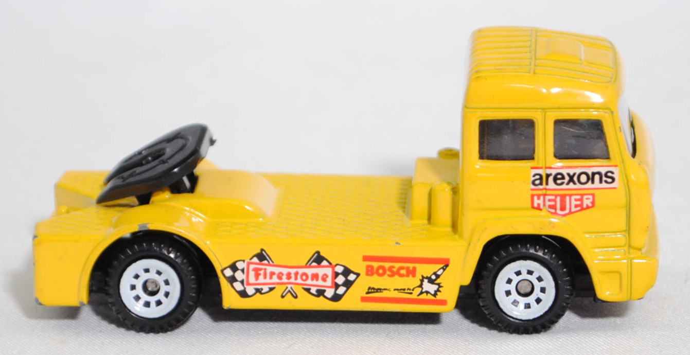00001 Iveco TurboStar (Modell 1987-1990) Renntruck (Truck-Racing-Europameisterschaft 1989-1993, Klasse B), gelb, arexons / HEUER / Firestone / BOSCH, C1 reinweiß, SIKU, 1:86, m-