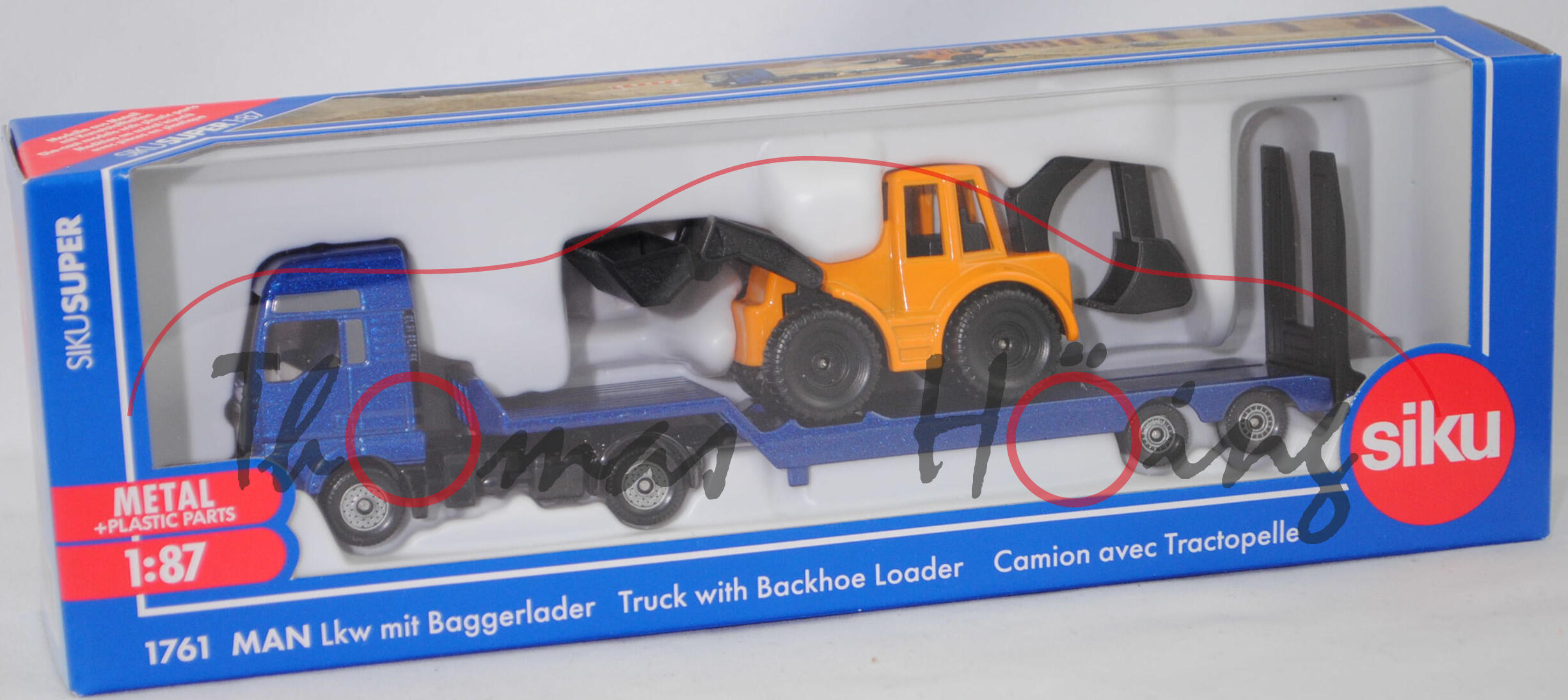 00000 MAN TGX 18.580 D38 XXL (Mod. 17-19) mit Sattelauflieger und Baggerlader, blaumetallic und gelb, SIKU, 1:87, L17mpK