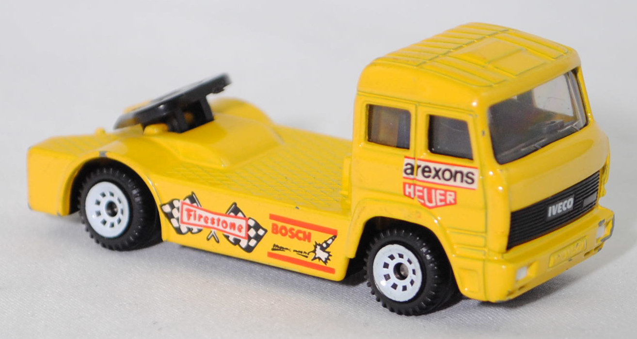 00001 Iveco TurboStar (Modell 1987-1990) Renntruck (Truck-Racing-Europameisterschaft 1989-1993, Klasse B), gelb, arexons / HEUER / Firestone / BOSCH, C1 reinweiß, SIKU, 1:86, m-