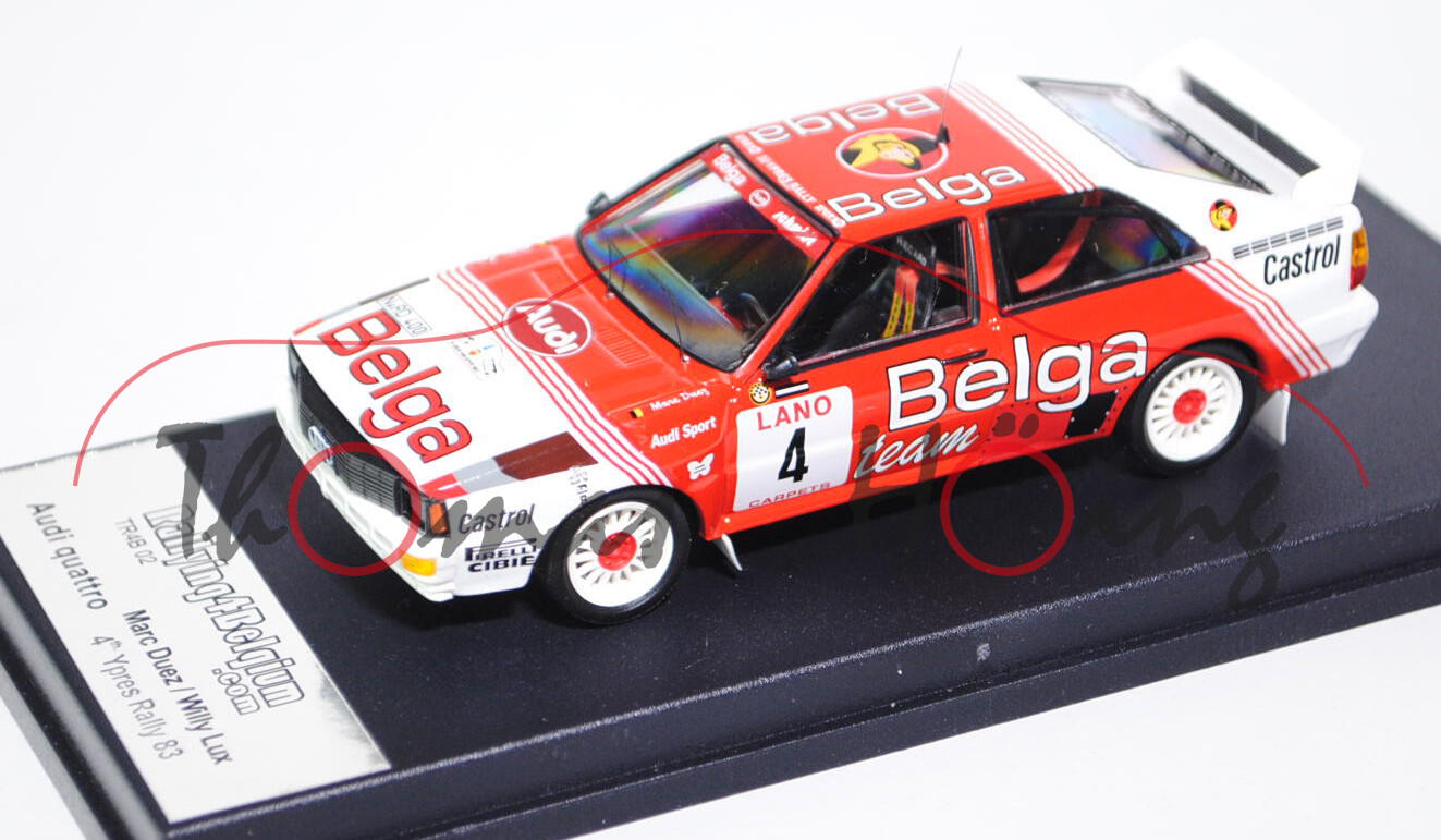 Audi Quattro, Modell 1980-1991, reinweiß/verkehrsrot, Ypres Rallye 1983, Fahrer: Marc Duez / Willy L