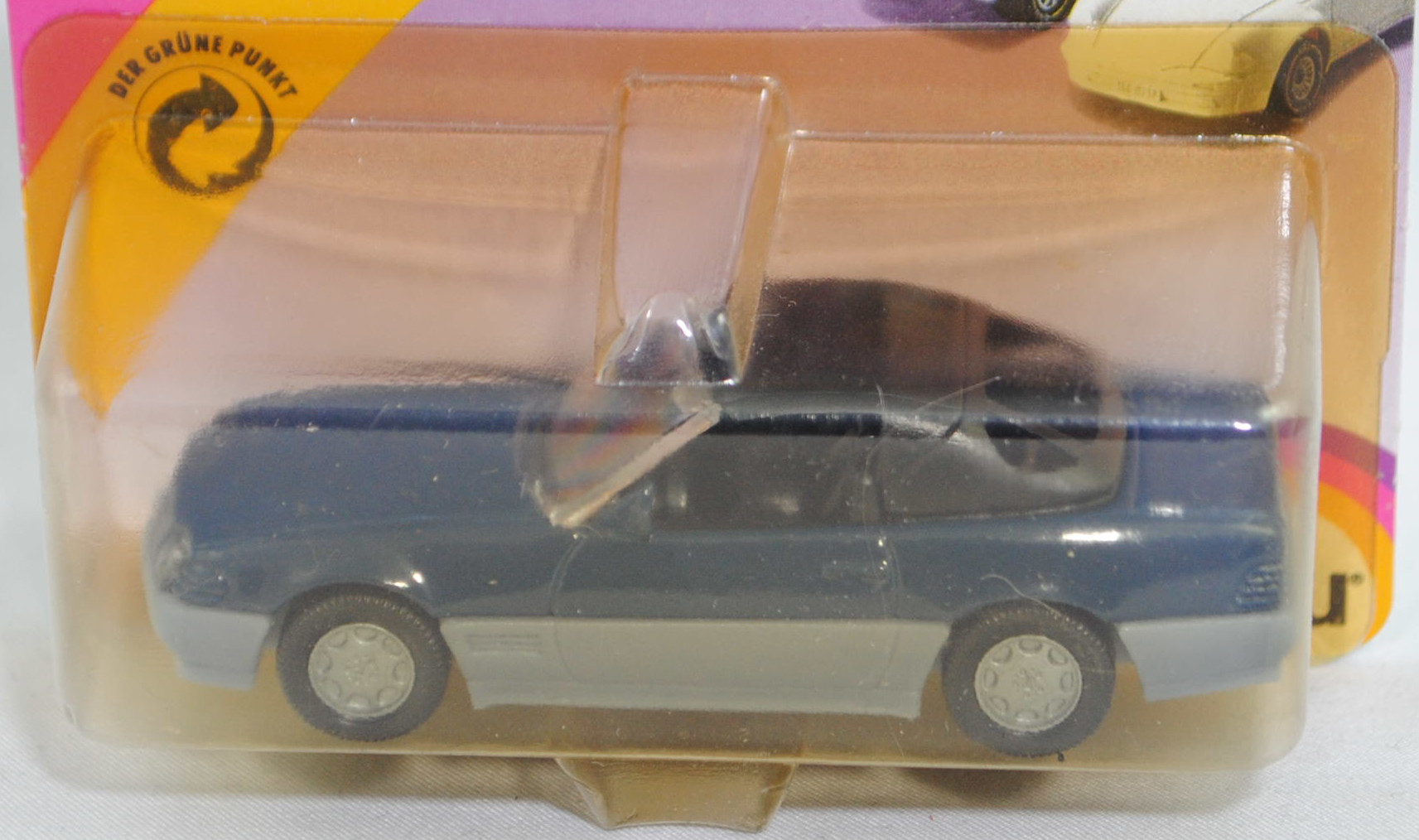 00002 Mercedes-Benz 500 SL mit Verdeck (Hardtop) (R 129, Modell 1989-1992), saphirblau/fehgrau, Scheibe seitlich unlackiert, Heckklappe ohne Stern, Germ, B7, SIKU, 1:55, P23 vergilbt