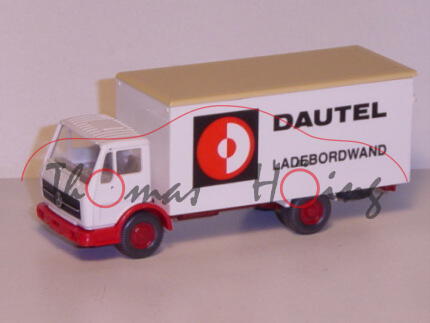 Mercedes Lieferwagen, reinweiß/feuerrot/purpurrot/sandgelb, DAUTEL / LADEBORDWAND, Wiking, 1:87, mb