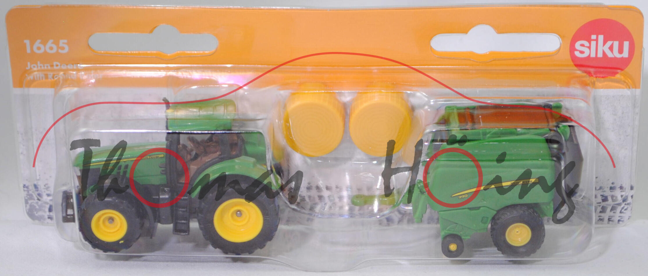 00003 John Deere 6215R ULTIMATE (Modell 2014-2022) mit John Deere Rundballenpresse 990 mit variabler Kammer (Modell 2011-2017), smaragdgrün, SIKU SUPER, P29f