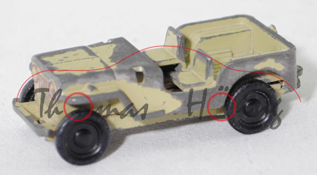 00004 Willys Jeep CJ-3A (MC, Modell 1949-1953), grünbeige, R1, SIKU-SUPER-ZINKGUSS 1:60 (V-SERIE), 1:60, sc (Frontscheibe und Ersatzrad weg, Lackschäden)