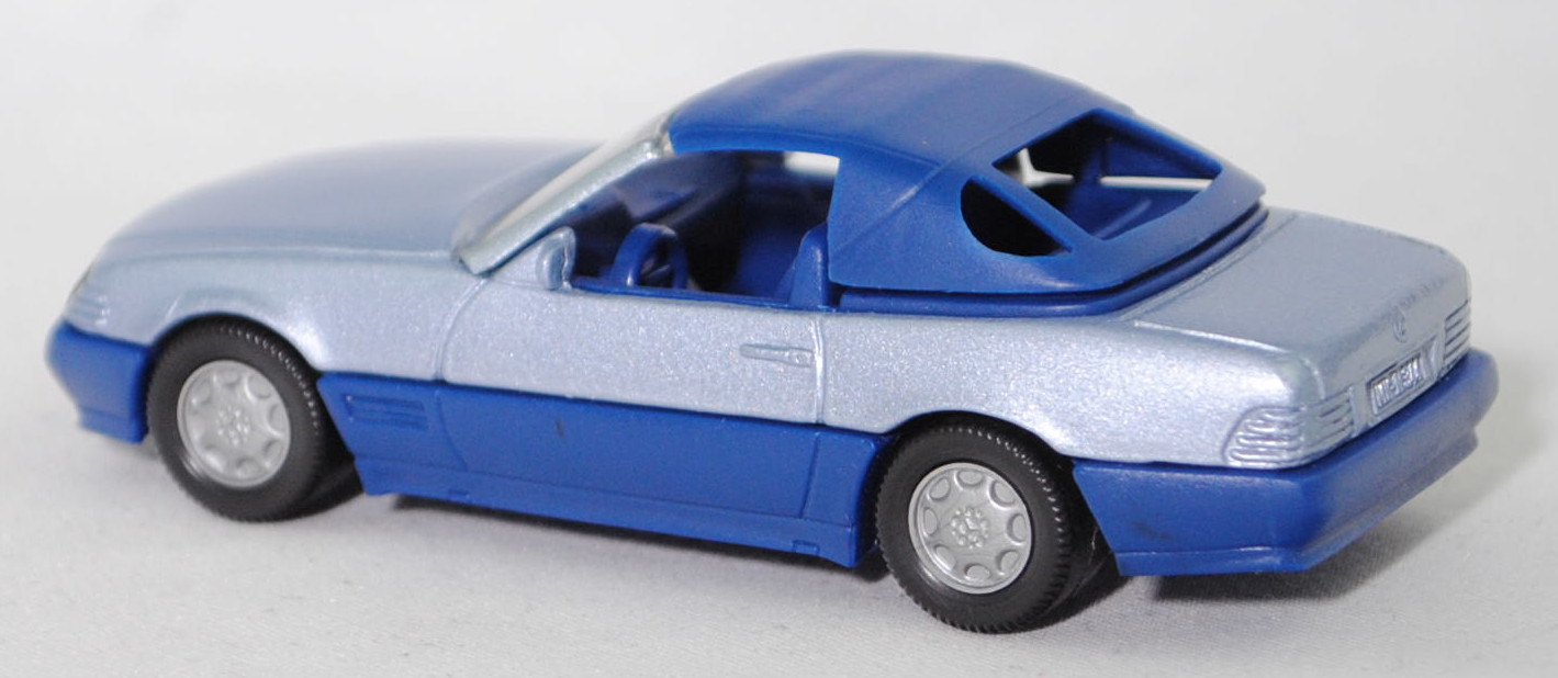 00005 Mercedes-Benz 500 SL mit Verdeck (Hardtop) (R 129, Modell 1989-1992), silberblaumetallic/saphirblau, Scheibe seitlich lackiert, Heckklappe mit Stern, Hong, B7, SIKU, 1:55, m-