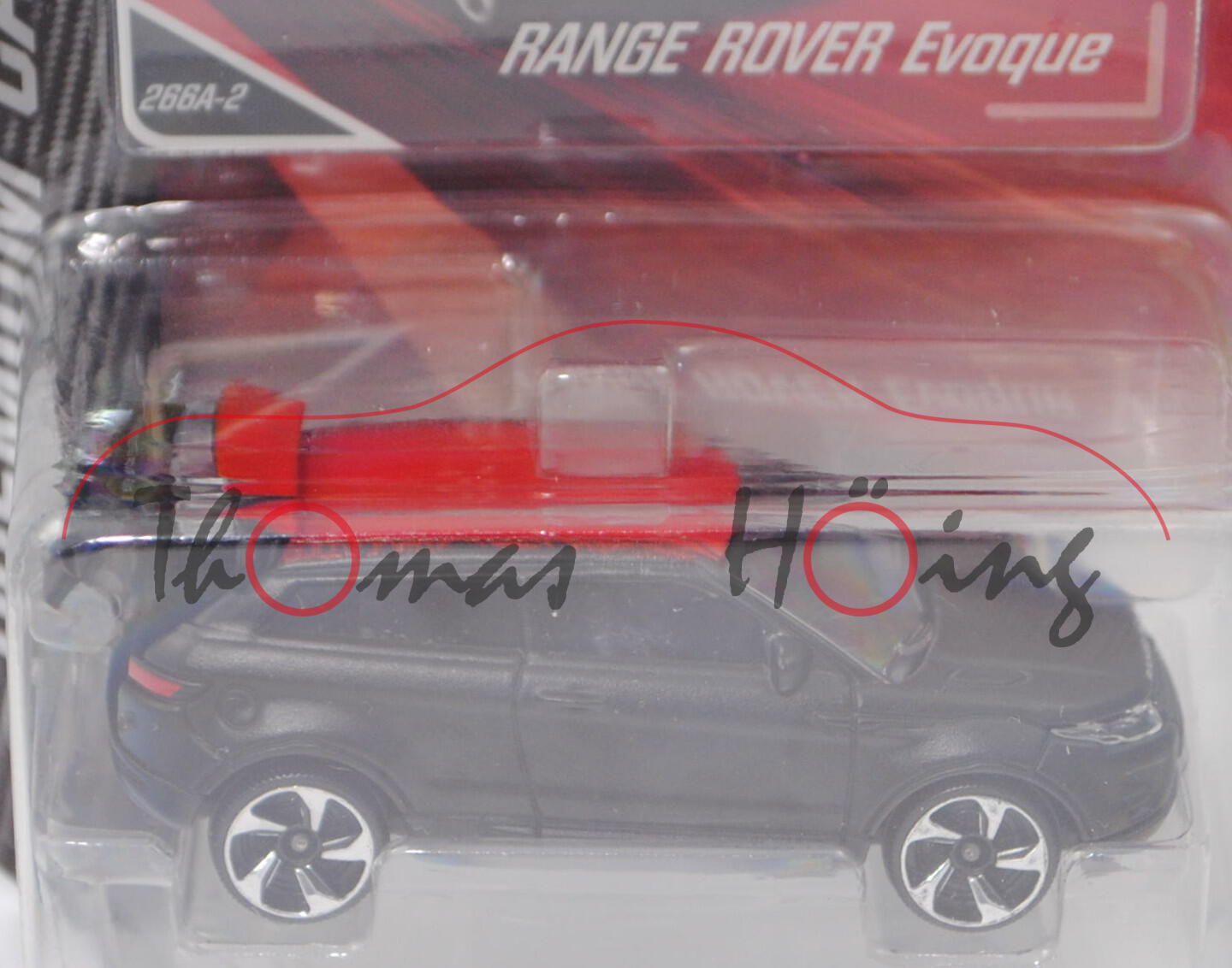 Range Rover Evoque Coupé (1. Gen., Typ L538, Mod. 11-15), mattschwarz, Dach rot, majorette, 1:59, mb