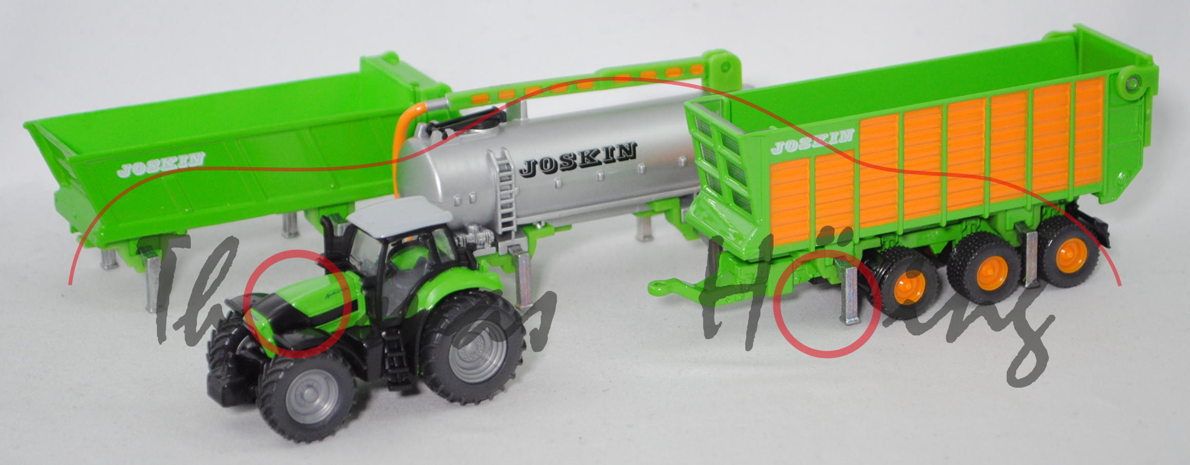 00000 DEUTZ-FAHR AGROTRON mit Joskin Anhängerset, gelbgrün und grün/orange/silber, 1:87, L17mK