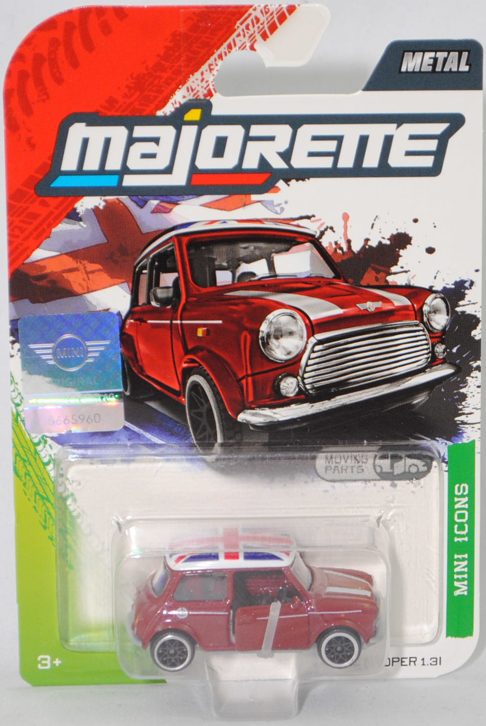 MINI Cooper 1.3i (ADO20, Modellcode XN, 5. Facelift 1991, Modell 1991-1996) (Nr. 265E), Karosserie rotmetallic, Dach weiß, majorette, 1:53, Blister (MINI ICONS PREMIUM CARS)