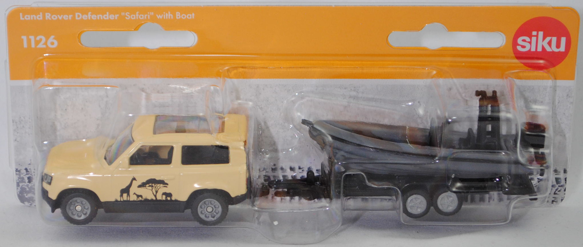 00000 Land Rover Defender 90 S P400 AWD (L663, Vorfacelift, Modell 2020-2025) Safari mit Anhänger und Mehrzweckboot MZB 72/AB, hell-sandgelb/schwarz, Boot grau, SIKU SUPER, P29f