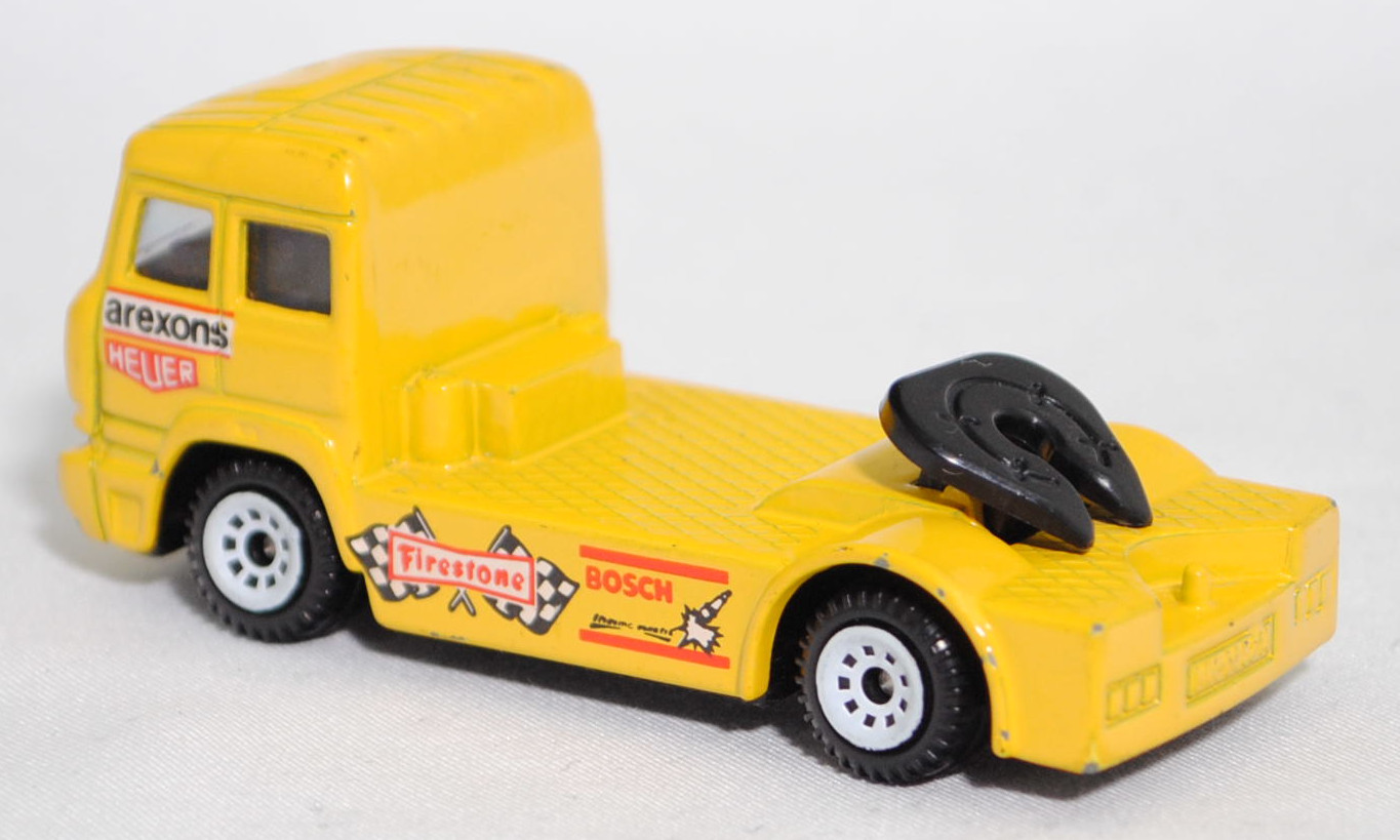 00001 Iveco TurboStar (Modell 1987-1990) Renntruck (Truck-Racing-Europameisterschaft 1989-1993, Klasse B), gelb, arexons / HEUER / Firestone / BOSCH, C1 reinweiß, SIKU, 1:86, m-