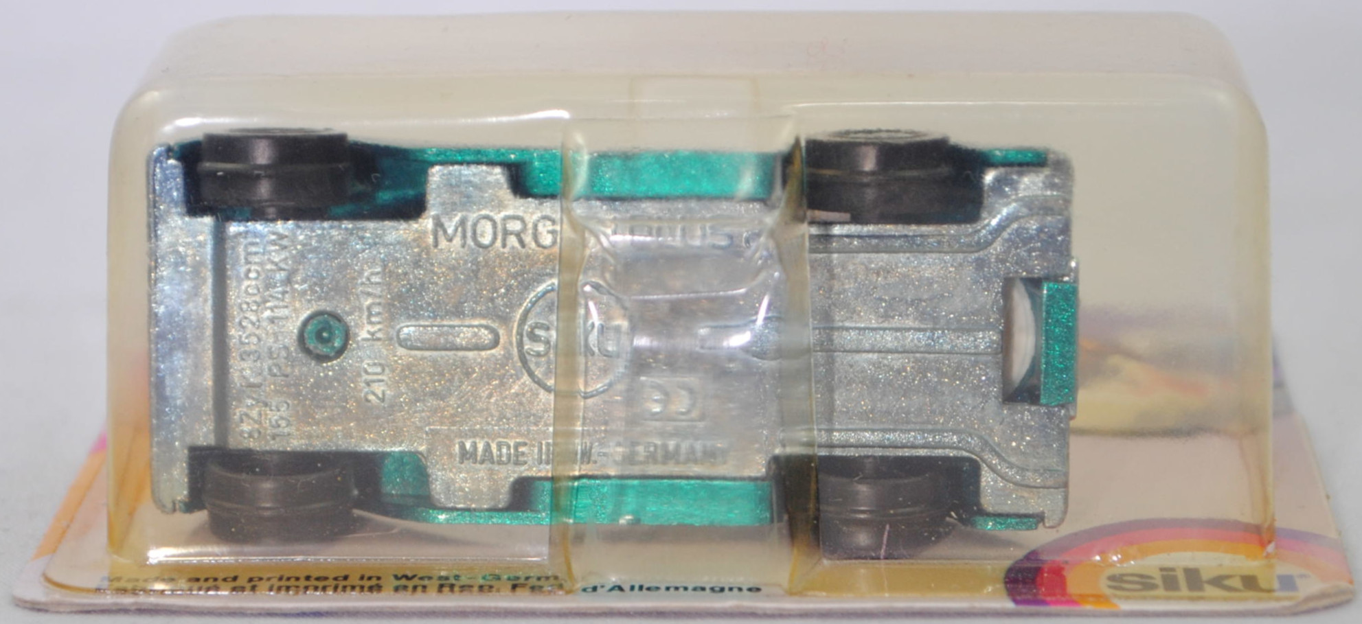00003 Morgan Plus 8 3.5 V8 (1. Generation, Modell 1981-1987), hell-blaugrünmetallic, innen reinweiß, W-Germ, mit CE-Zeichen, B4, SIKU SUPER, 1:52, P23 vergilbt