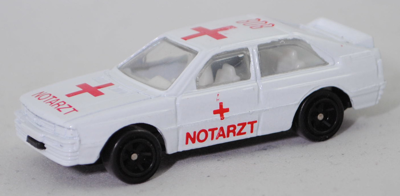 Audi quattro (1. Generation, B2, Typ 85Q, VFL (Vorfacelift), Modell 1980-1982), alpinweiß (L90E), rotes Kreuz und NOTARZT / 808, WELLY, 1:62, m (Drucke nicht ganz sauber)