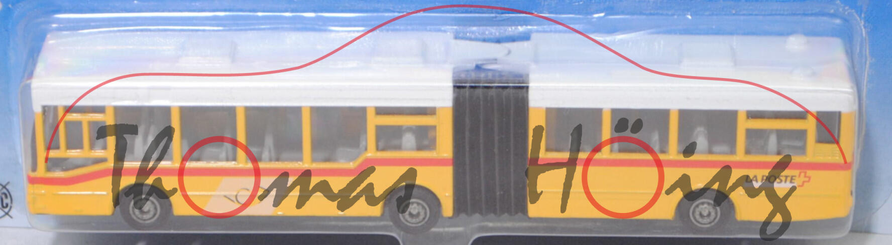 03900 CH MAN NG 312 Niederflur-Gelenkbus (Typ MAN A11, Modell 1995-1999), weiß/gelb, LA POSTE, SIKU, 1:114, P28a Werbeblister