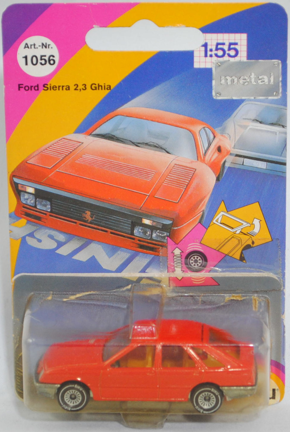 00000 Ford Sierra 2.3 Ghia (1. Generation, Typ Sierra '82 oder Mk1, GBC, Vorfacelift, Modell 1982-1984), hell-verkehrsrot, innen chromgelb, SIKU SUPER, 1:55, P21 vergilbt