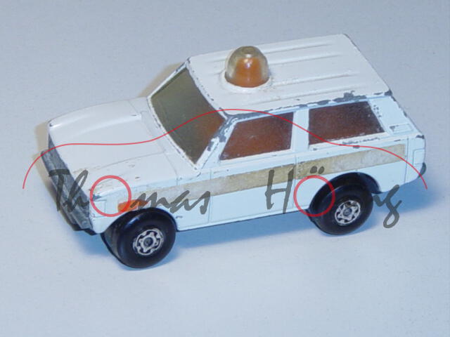 Range Rover Police Patrol, weiß, mit abgegriffenen Aufklebern auf den Seiten, Matchbox Rolamatics Se