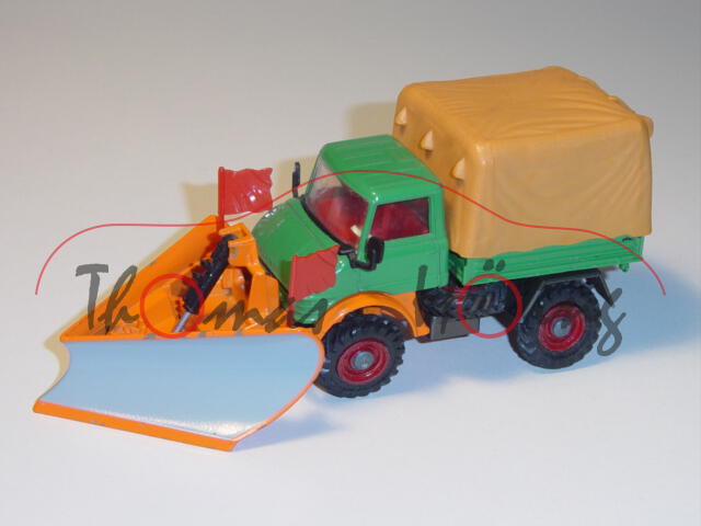 Unimog 406 mit Schneepflug, smaragdgrün/reinorange/silbergrau, CORGI TOYS, 1:43, mit Farbabplatzer a