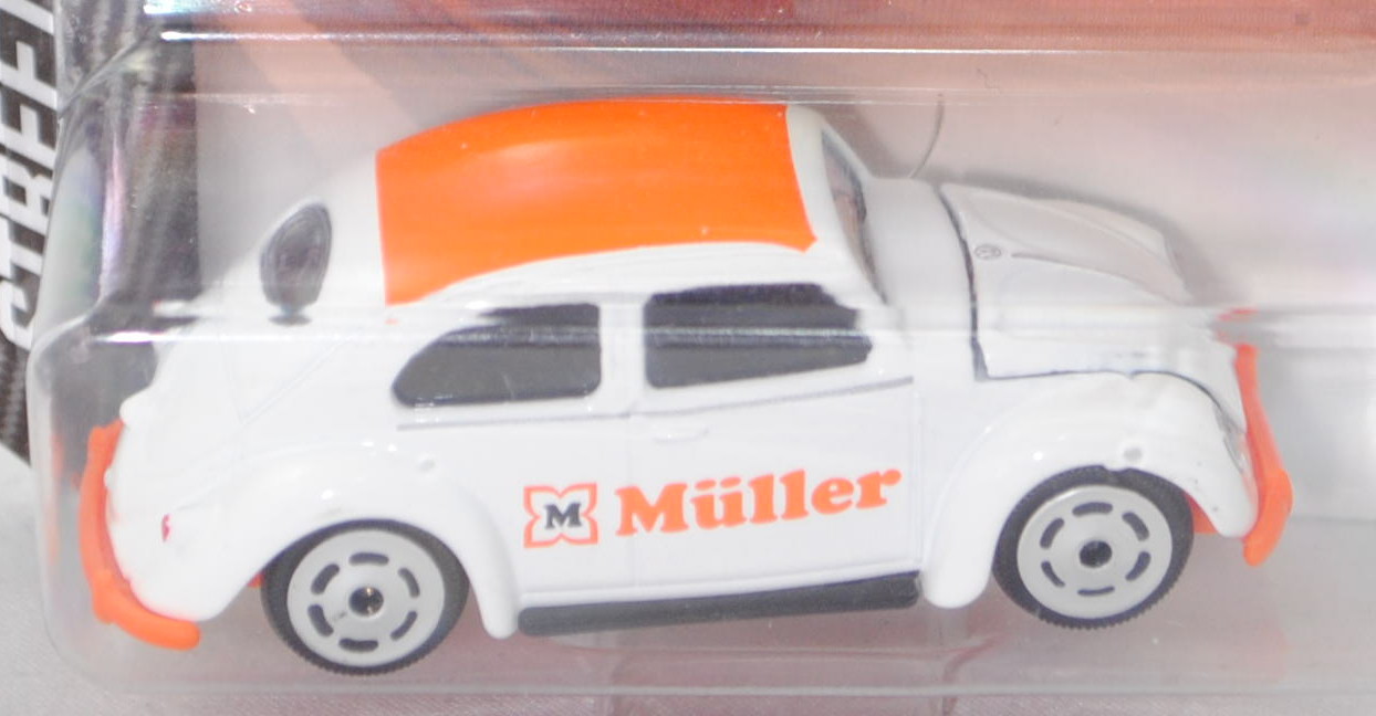 VW Beetle / Käfer Standardlimousine (Mod. 1953-1957), weiß/orange, Müller, majorette, 1:64, Blister