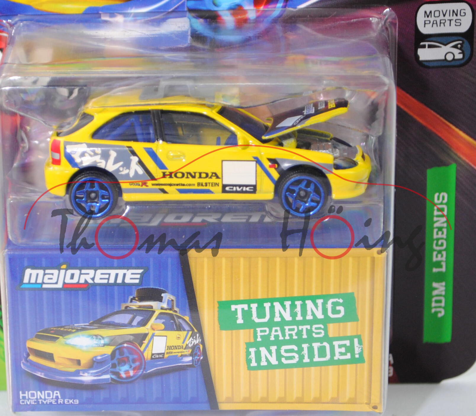 Honda Civic Type R (EK9, Facelift 1998, Modell 1998-2000) (Nr. 212C), hell-verkehrsgelb, Beilage: Bodykit und Tuning-Zubehör, majorette, 1:57, Blister (JDM Legends DELUXE CARS)