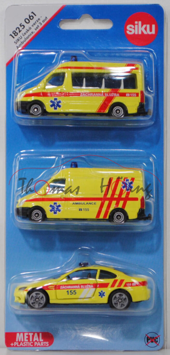 06102 CZ Ceská Ambulance Set: Mercedes-Benz Sprinter II + Mercedes-Benz Sprinter II + BMW M3 Coupé, SIKU, P29e (Limited)