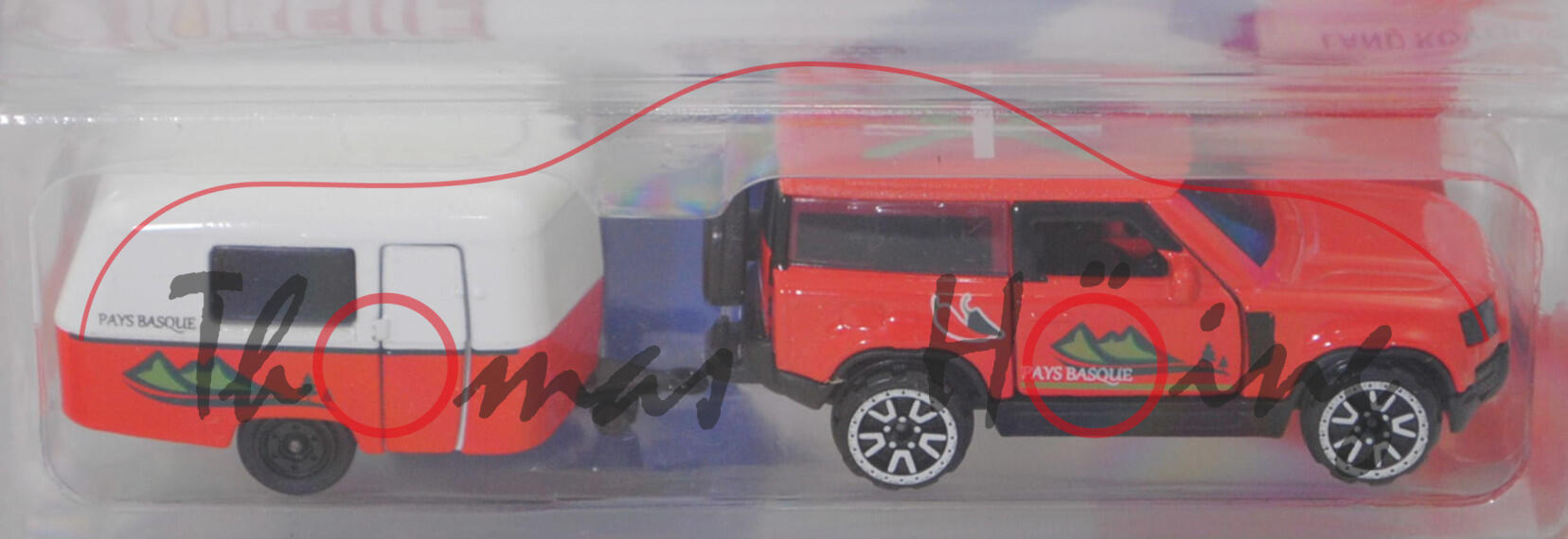 Land Rover Defender 90 (Modell 2020-) mit ERIBA-Wohnanhänger PUCK (Mod. 57-60), rot, majorette, Blister