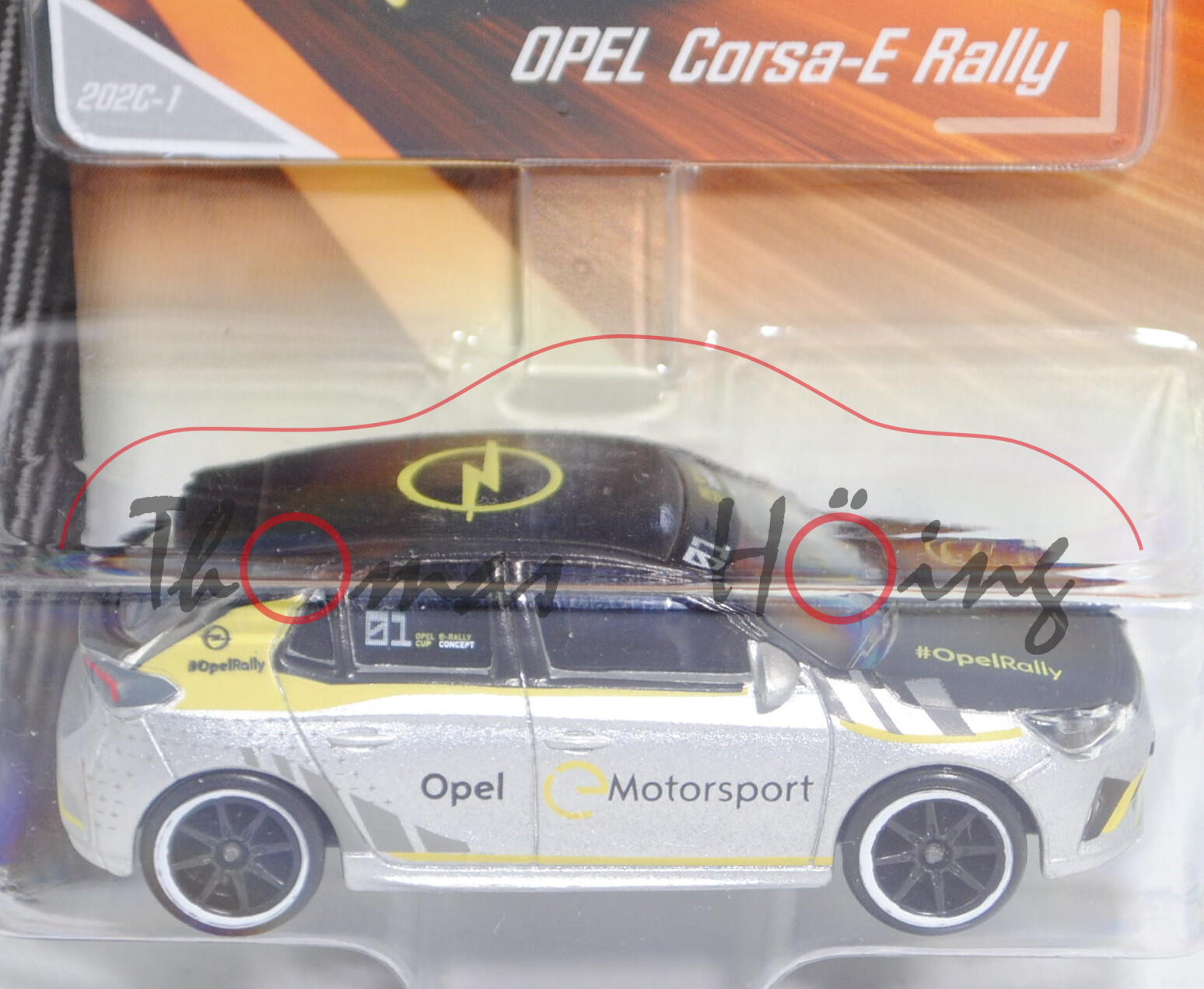 Opel Corsa-e Rally (6. Gen., Typ Corsa F, Modell 2020-), silber/schwarz, Nr. 202C-1, majorette, 1:55