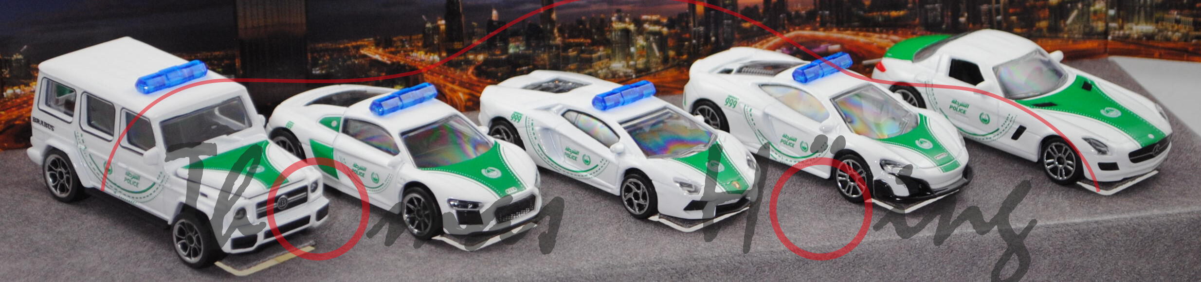 DUBAI POLICE Set: BRABUS 700+Audi R8+Lambo Aventador+McLaren 675LT+MB SLS AMG, majorette, mb