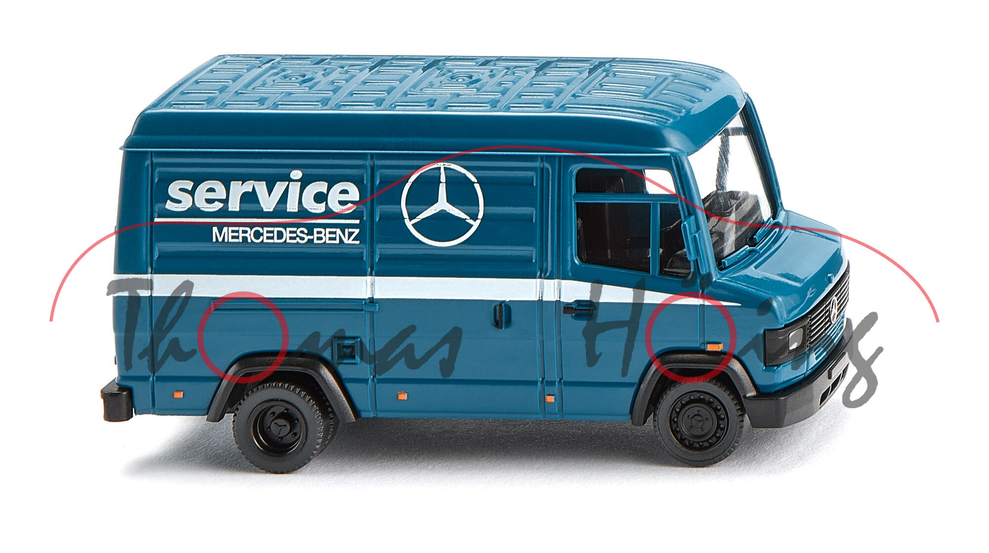 Mercedes-Benz Großtransporter 507 D Kastenwagen (Baureihe T2/LN1 bzw. T2 neu oder T2N, Modell 1986-1989), hell-azurblau, service / MERCEDES-BENZ, Wiking, 1:87, mb