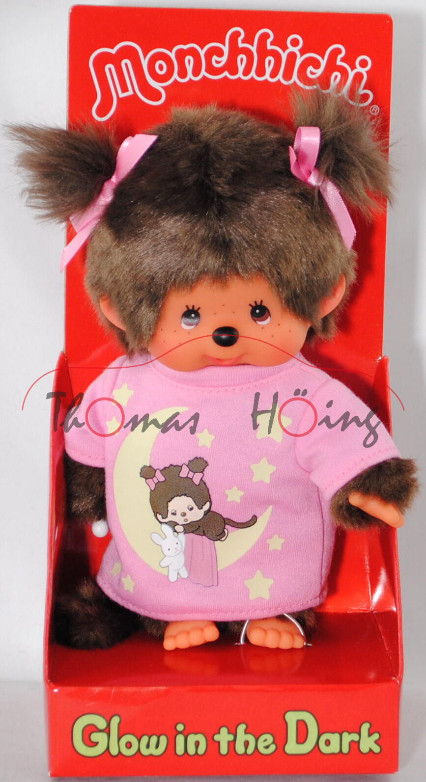 Monchhichi Girl Glow in the Dark (Mädchen m. T-Shirt und leuchtendem Mond+Sternen), 20 cm, Sekiguchi