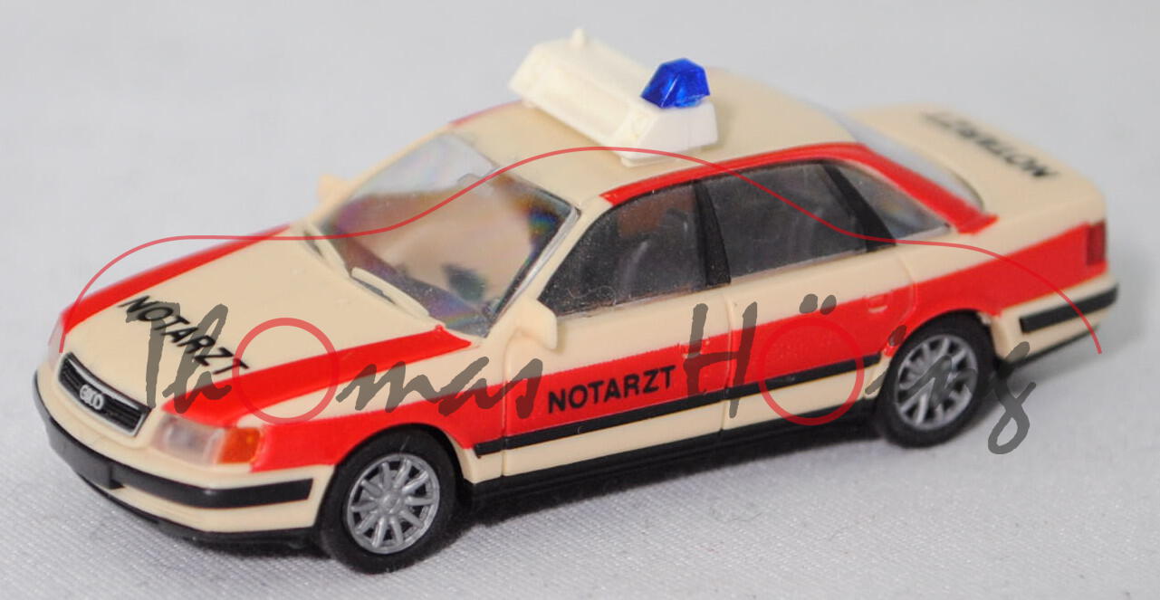 Audi 100 quattro (Mod. 90-94) Notarzt, hellelfenbein, 1 Blaul. weg, 10-Speichen-Felgen, Rietze, 1:87