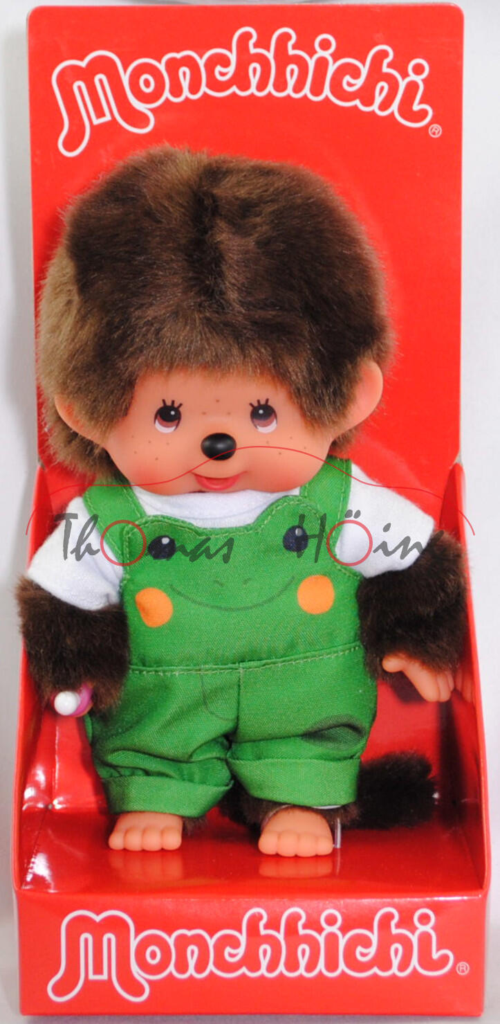 Monchhichi Boy Animal Dress Frog (Junge mit Latzhose im Frosch-Design), 20 cm groß, Sekiguchi (EAN 4905610203871)