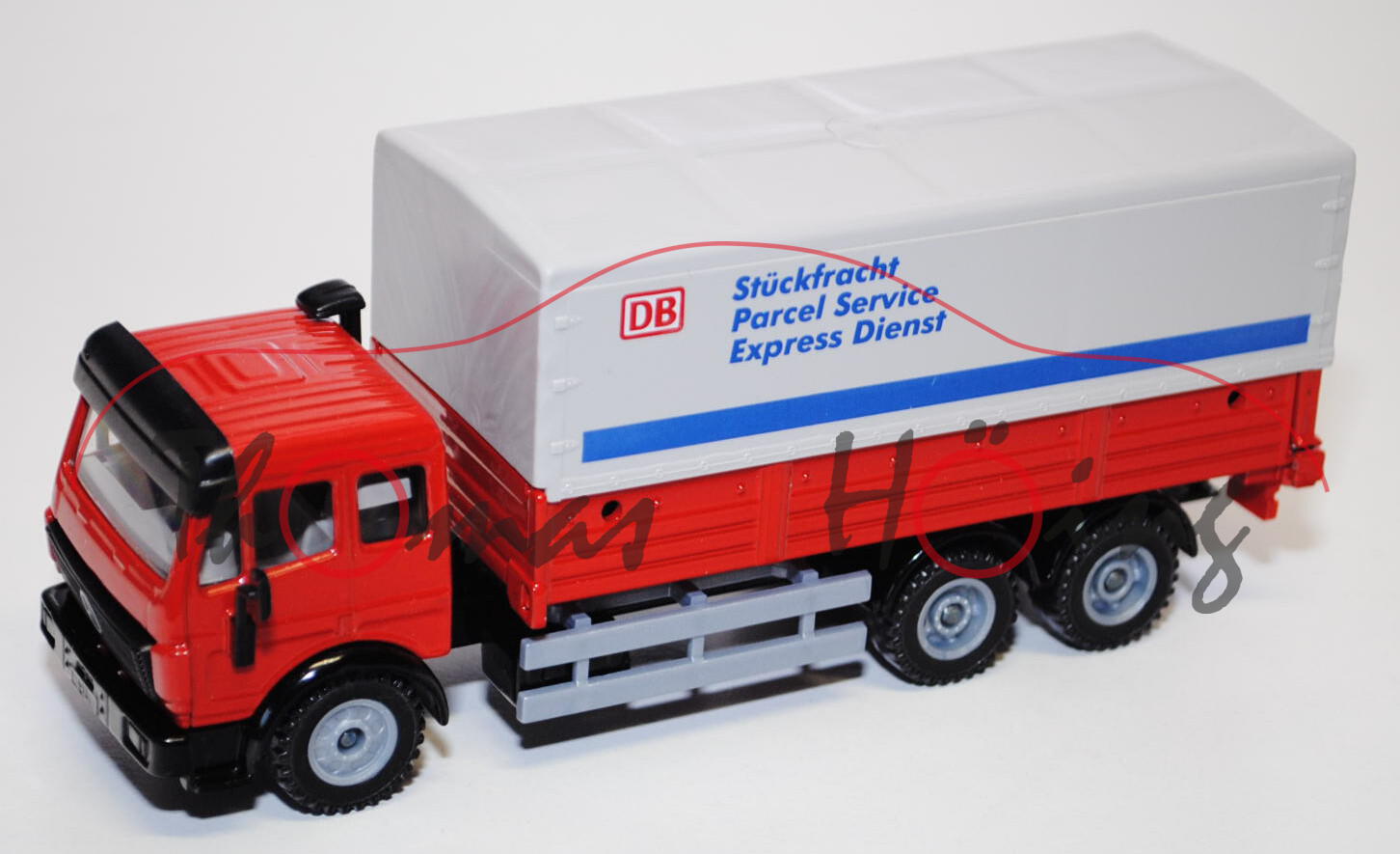 00001 Mercedes SK LKW mit Plane, rot/schwarz, DB / Stückfracht / Parcel Service / Express Dienst, L1