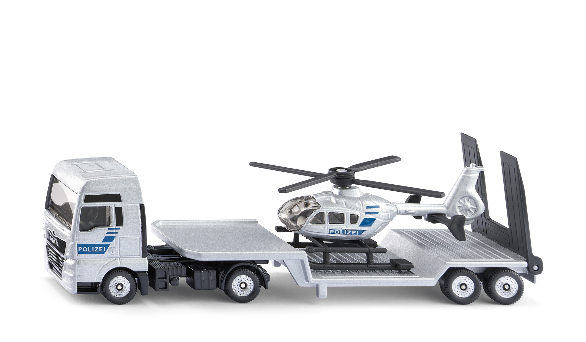 00000 MAN TGX 18.580 D38 XXL (Modell 2017-2019) mit Sattelauflieger und Polizei-Hubschrauber Eurocopter EC 135 T1 (Modell 1996-2002), silber, POLIZEI, SIKU SUPER 1:87, L17mpK