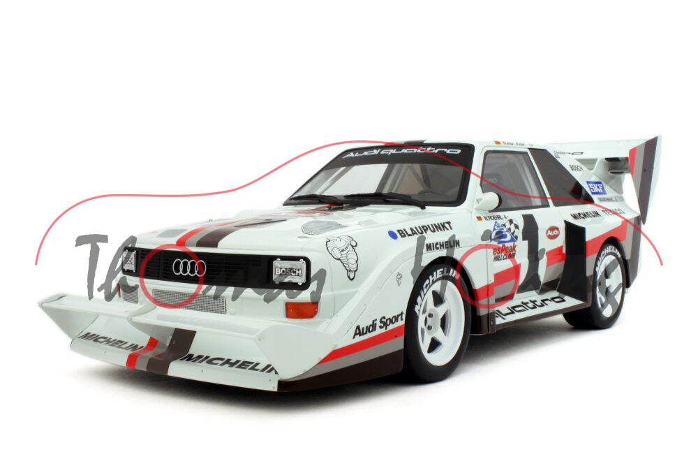 Audi Sport Quattro S1 Pikes Peak 1987, reinweiß, Fahrer: Walter Röhrl, Nr. 1, Platzierung: 1. Platz,