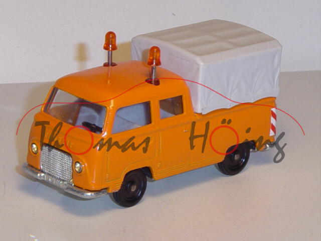 Ford Taunus Transit Autobahn-Streckenwagen, hellrotorange, innen hellgrau, Lenkrad schwarz, mit Heck