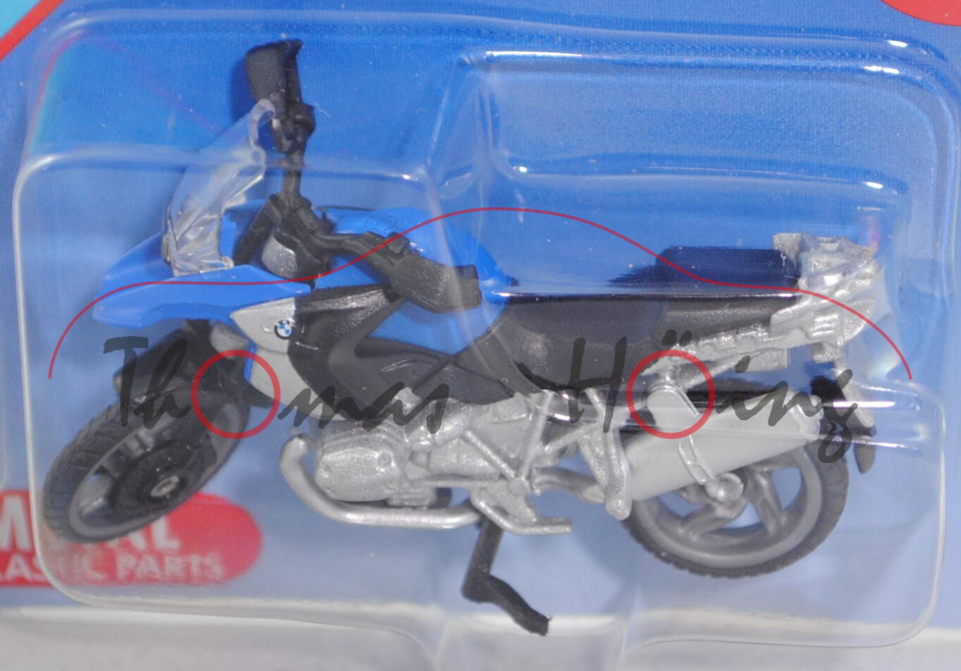 00001 BMW R1200 GS (Typ K25, Modell 2004-2012) Motorrad, blau/silber, Auspuff silber, SIKU, P29e